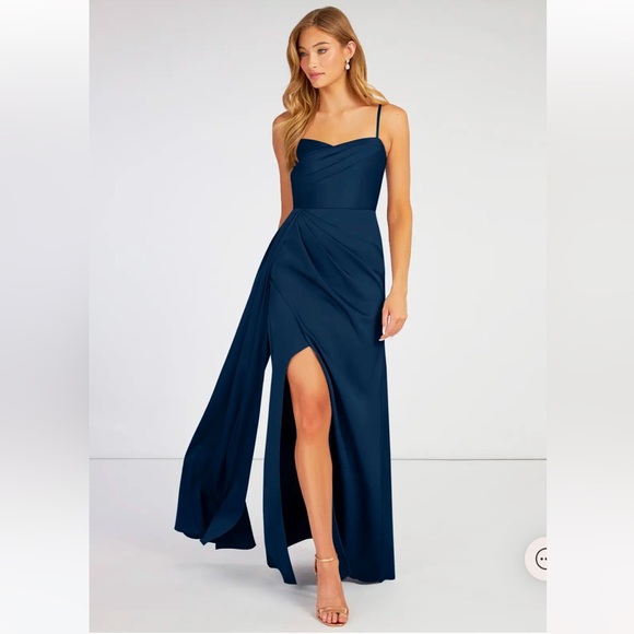 AZAZIE BONA Stretch Dark Navy A-Line V-Neck Pleated Stretch Satin - Picture 3 of 16